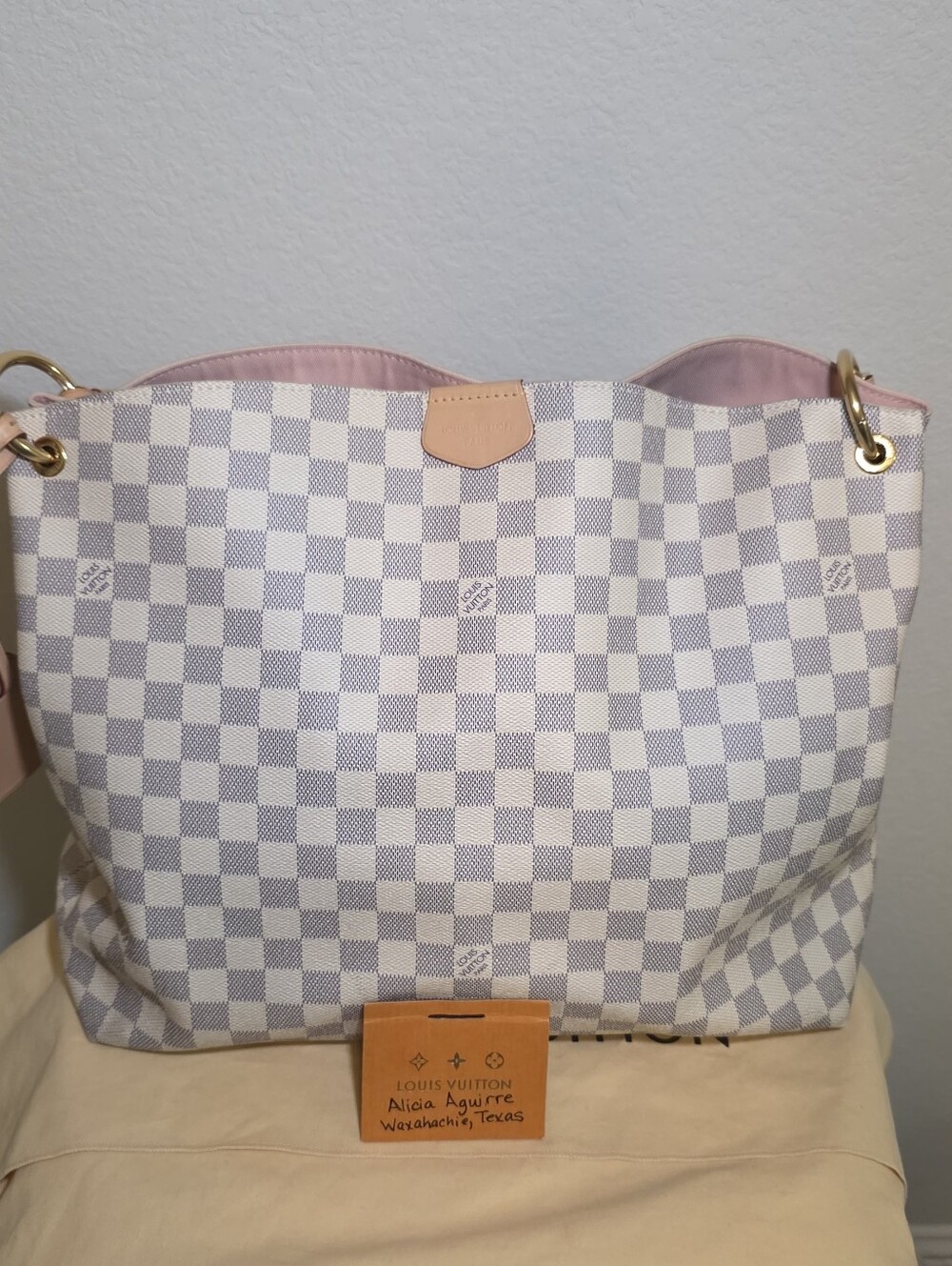 Louis Vuitton Graceful MM Damier Azur With Rose Ballerine Interior.
